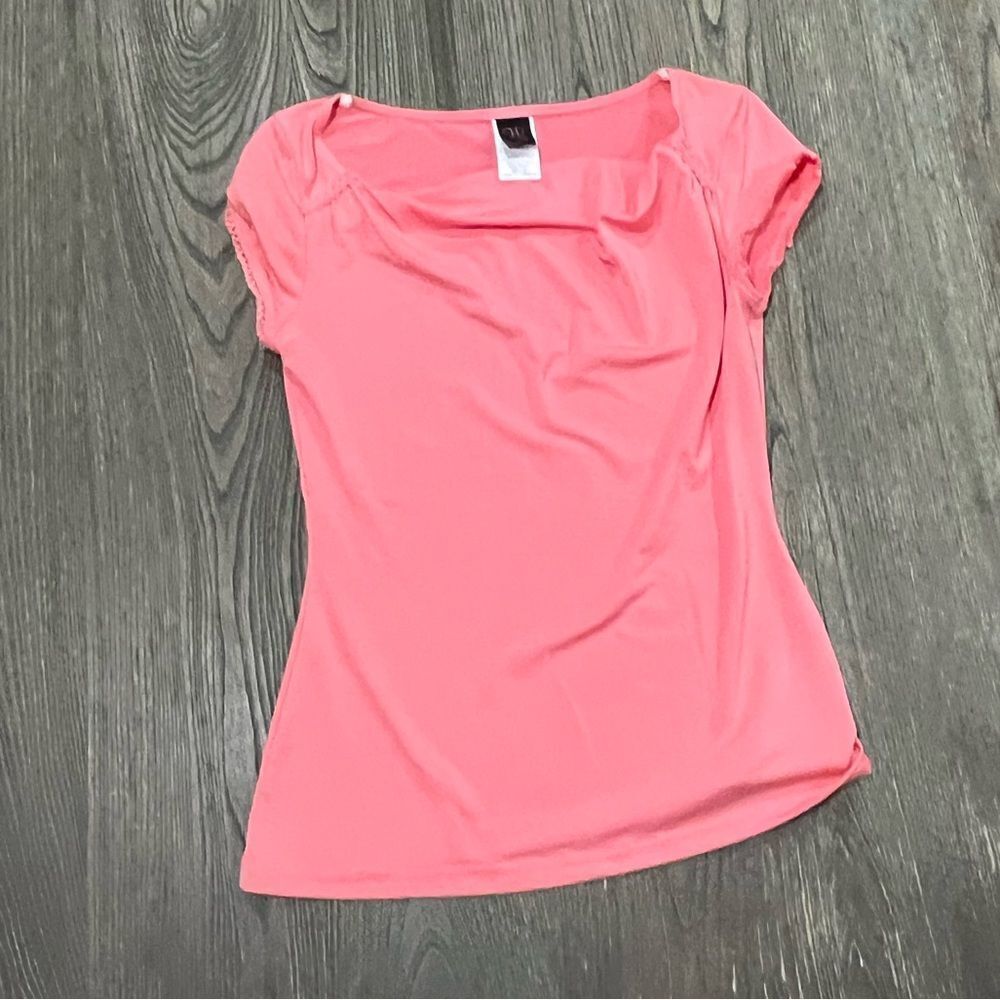 Wrapper Blouse Short Cap Sleeve Boat Neck Pullover Stretch Pink Medium